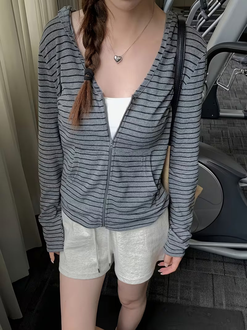 Spring And Summer 2026 New Women'S Breathable Lightweight Pullover Striped Top Snowflake Stripe Zipper Long Sleeve Hooded Cardigan Jacket Women 2025 Autumn Slim V-Neck Outer Wear T-Shirt Top