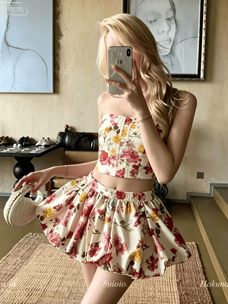 French-Style Boned Bodice Crop Top and Skirt Set for Women, French-Style Sweet & Yandere Style Floral Print Dress Set