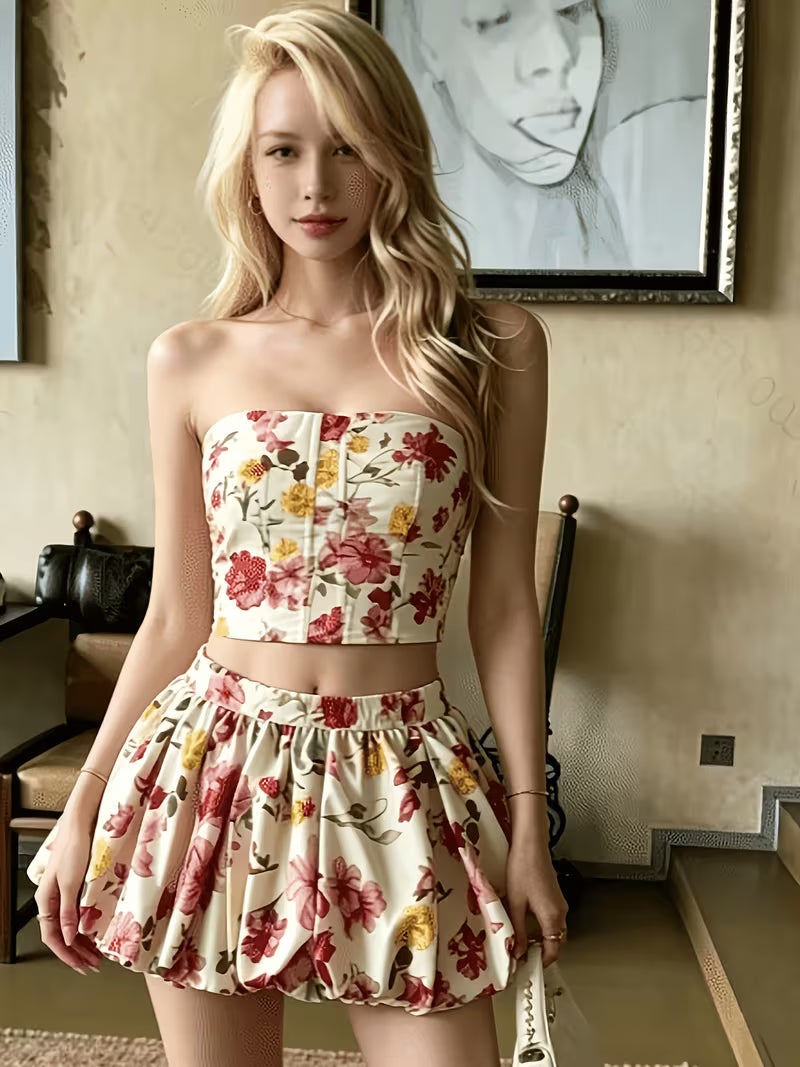 French-Style Boned Bodice Crop Top and Skirt Set for Women, French-Style Sweet & Yandere Style Floral Print Dress Set