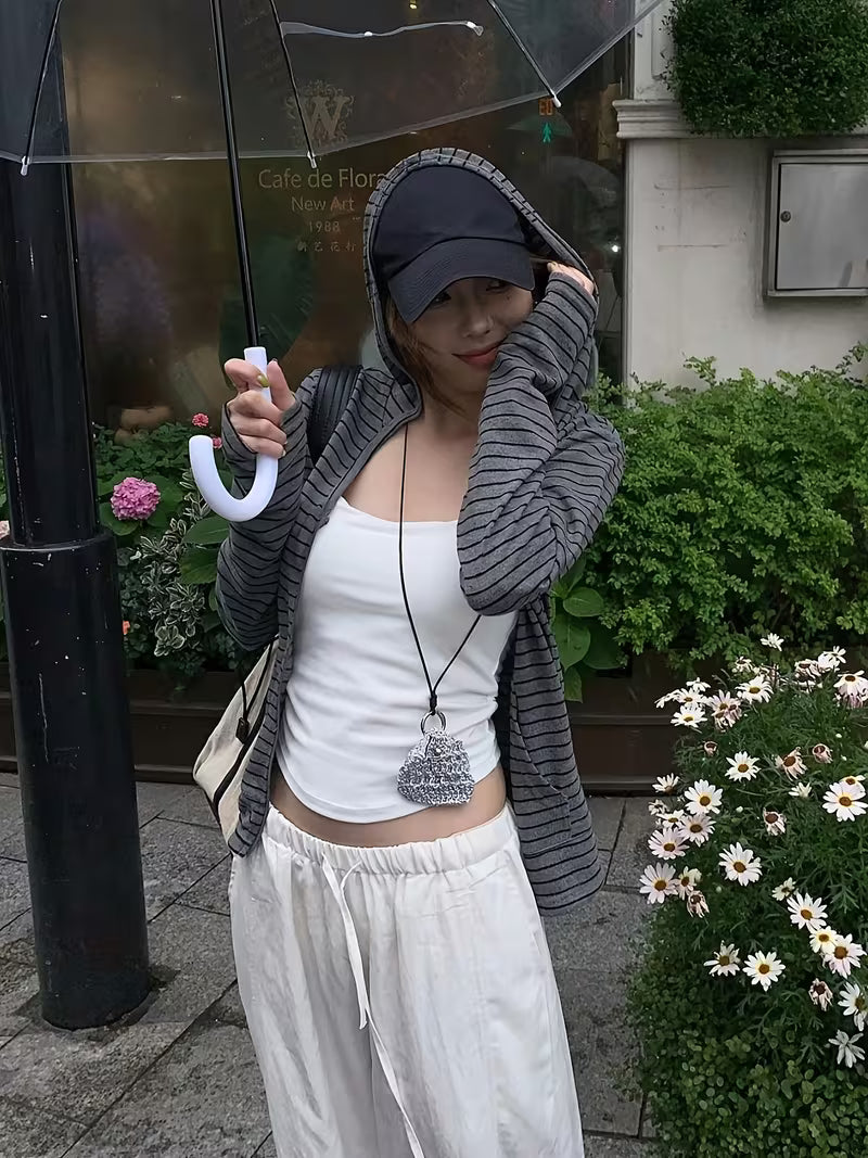 Spring And Summer 2026 New Women'S Breathable Lightweight Pullover Striped Top Snowflake Stripe Zipper Long Sleeve Hooded Cardigan Jacket Women 2025 Autumn Slim V-Neck Outer Wear T-Shirt Top