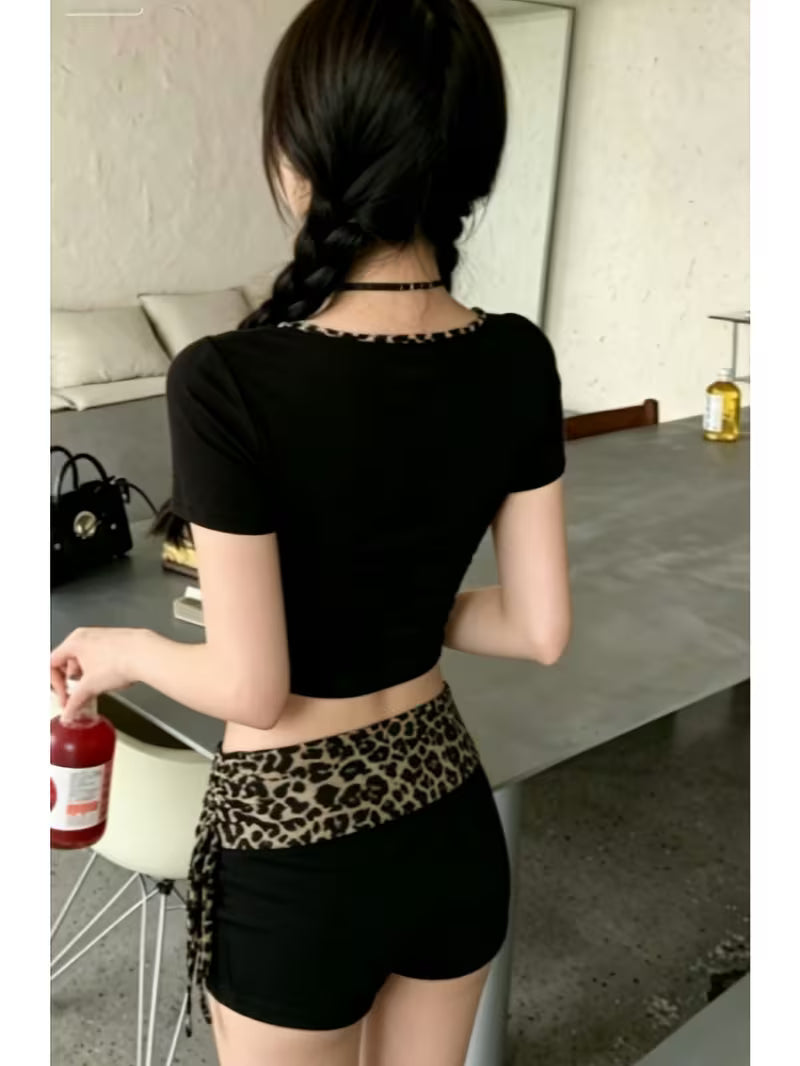 Summer Slim Fit Shows Figure Pure Desire Sweet Spicy Leopard Print Stitching T-Shirt Top + Low Waist Bandage Shorts Two-Piece Set