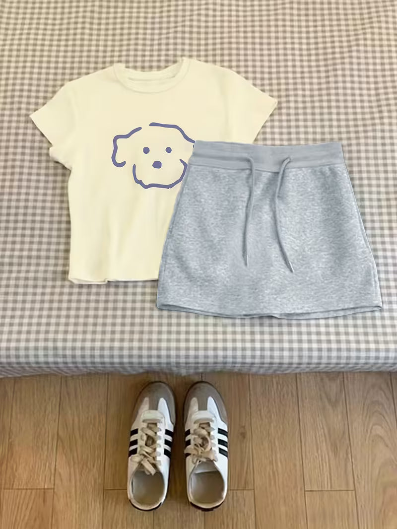 Casual Fashion Women's Cartoon Bear Print T-Shirt and Solid Color Skirt Two-Piece Set