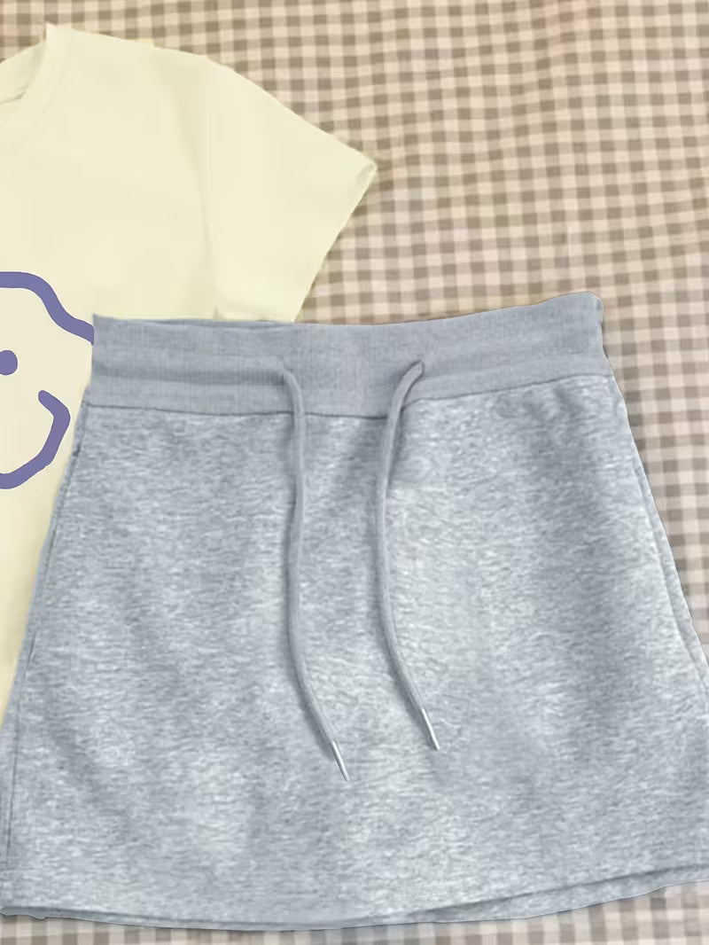 Casual Fashion Women's Cartoon Bear Print T-Shirt and Solid Color Skirt Two-Piece Set