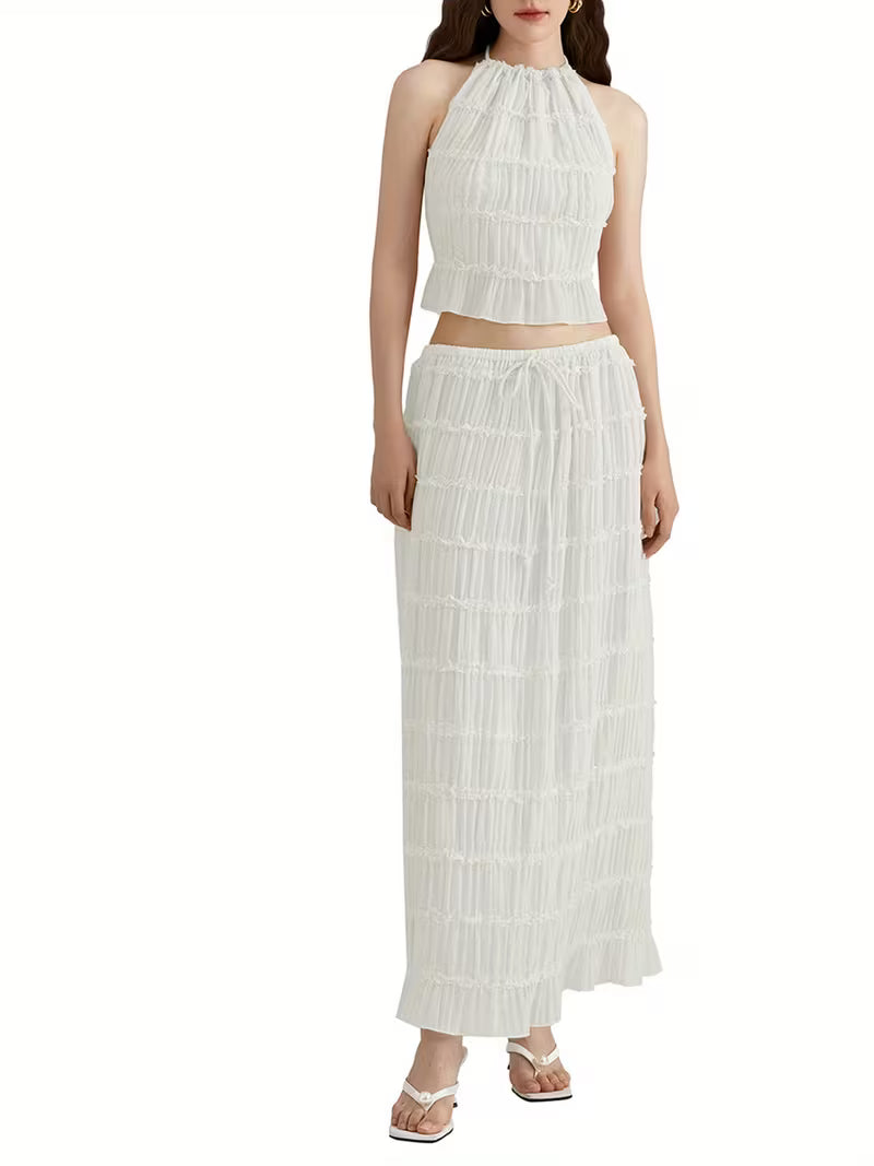Women'S Two Piece Summer Outfits Sleeveless Ruched Halter Cami Tops and Long Skirt Set Beachwear, Vacation Style, Solid Color, All-Season, Casual Attire|Vacation Outfit|Polyester Fabric