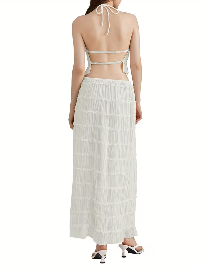 Women'S Two Piece Summer Outfits Sleeveless Ruched Halter Cami Tops and Long Skirt Set Beachwear, Vacation Style, Solid Color, All-Season, Casual Attire|Vacation Outfit|Polyester Fabric