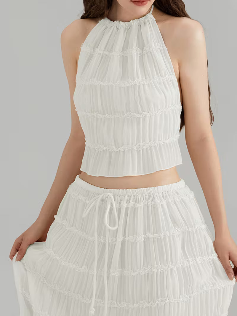 Women'S Two Piece Summer Outfits Sleeveless Ruched Halter Cami Tops and Long Skirt Set Beachwear, Vacation Style, Solid Color, All-Season, Casual Attire|Vacation Outfit|Polyester Fabric
