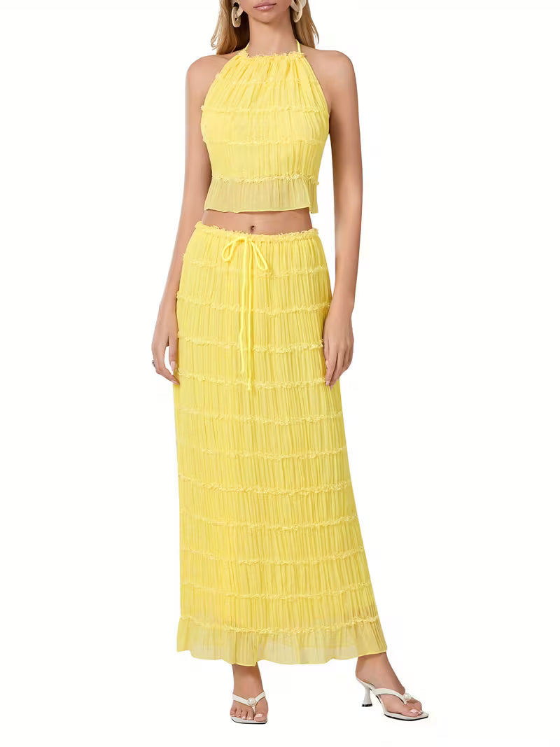 Women'S Two Piece Summer Outfits Sleeveless Ruched Halter Cami Tops and Long Skirt Set Beachwear, Vacation Style, Solid Color, All-Season, Casual Attire|Vacation Outfit|Polyester Fabric