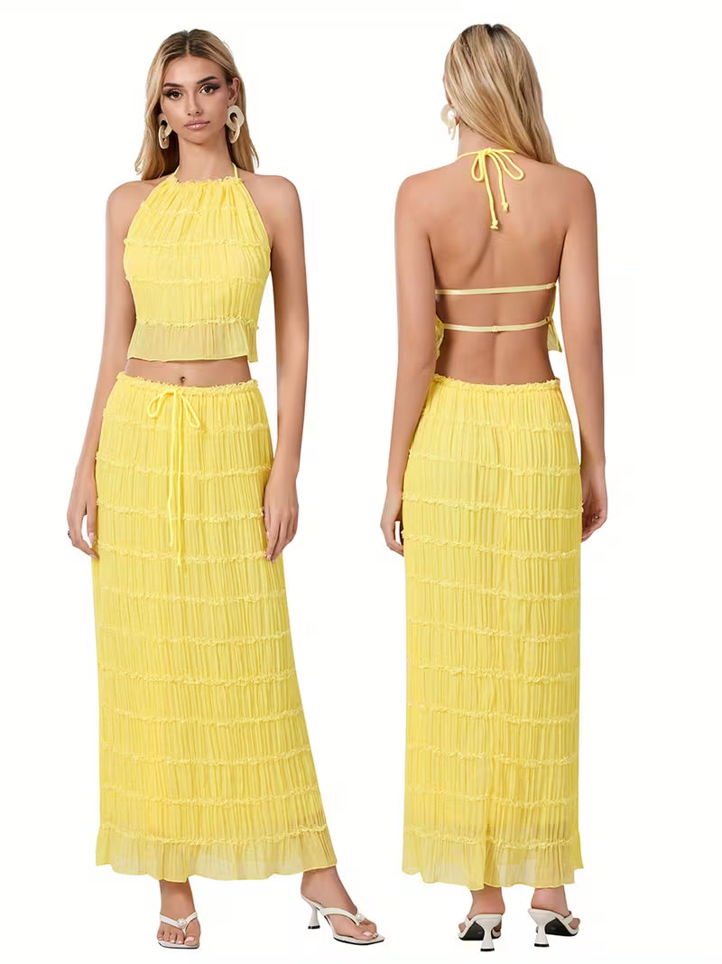 Women'S Two Piece Summer Outfits Sleeveless Ruched Halter Cami Tops and Long Skirt Set Beachwear, Vacation Style, Solid Color, All-Season, Casual Attire|Vacation Outfit|Polyester Fabric