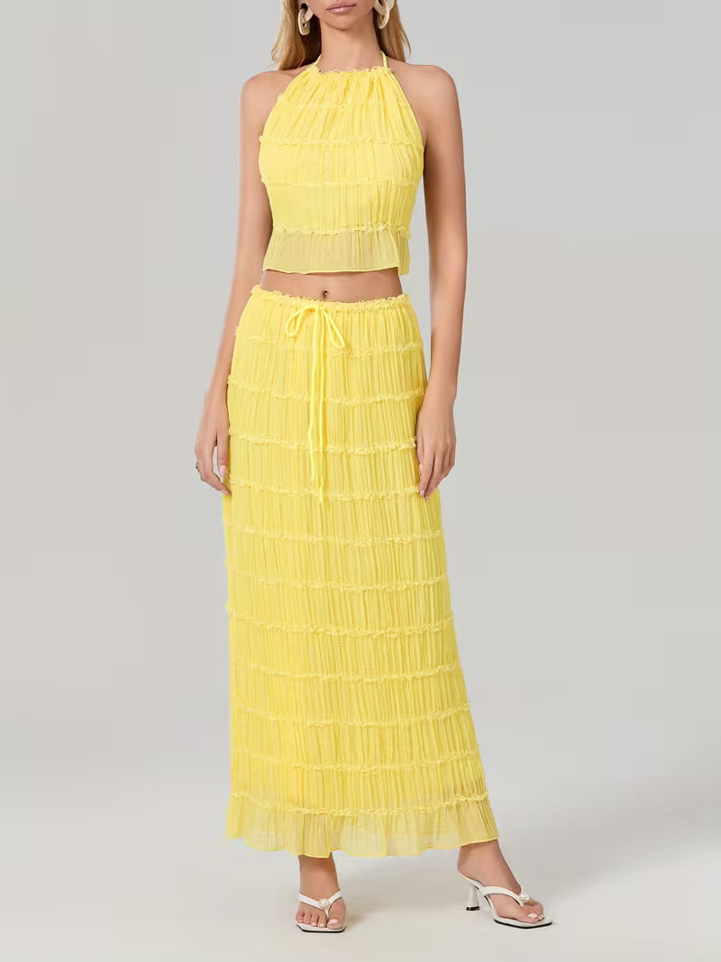 Women'S Two Piece Summer Outfits Sleeveless Ruched Halter Cami Tops and Long Skirt Set Beachwear, Vacation Style, Solid Color, All-Season, Casual Attire|Vacation Outfit|Polyester Fabric