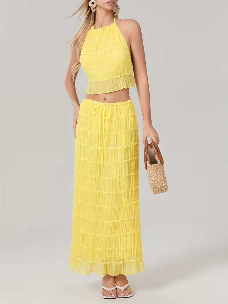 Women'S Two Piece Summer Outfits Sleeveless Ruched Halter Cami Tops and Long Skirt Set Beachwear, Vacation Style, Solid Color, All-Season, Casual Attire|Vacation Outfit|Polyester Fabric
