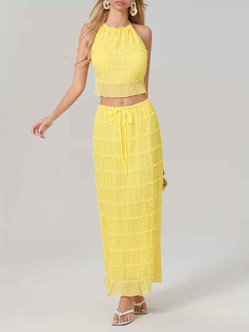 Women'S Two Piece Summer Outfits Sleeveless Ruched Halter Cami Tops and Long Skirt Set Beachwear, Vacation Style, Solid Color, All-Season, Casual Attire|Vacation Outfit|Polyester Fabric