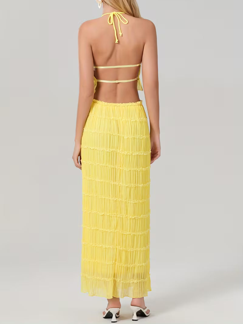 Women'S Two Piece Summer Outfits Sleeveless Ruched Halter Cami Tops and Long Skirt Set Beachwear, Vacation Style, Solid Color, All-Season, Casual Attire|Vacation Outfit|Polyester Fabric