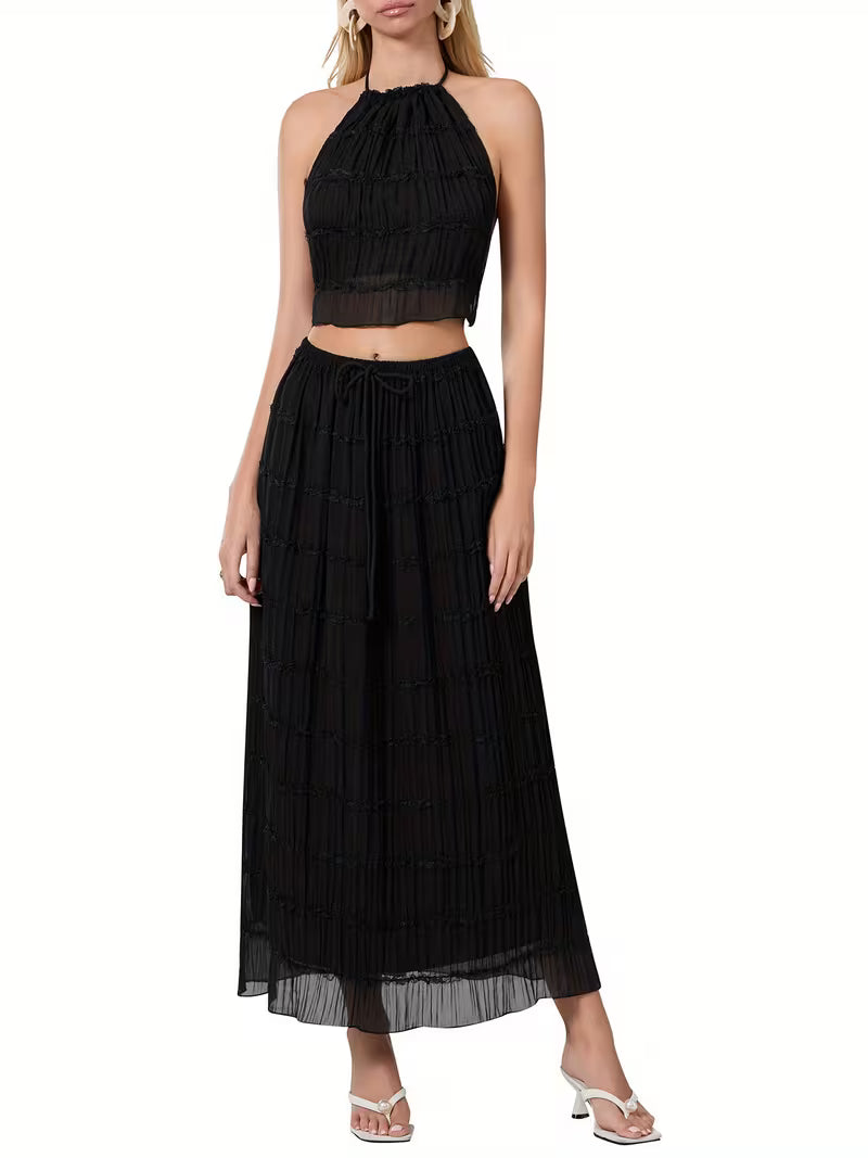 Women'S Two Piece Summer Outfits Sleeveless Ruched Halter Cami Tops and Long Skirt Set Beachwear, Vacation Style, Solid Color, All-Season, Casual Attire|Vacation Outfit|Polyester Fabric