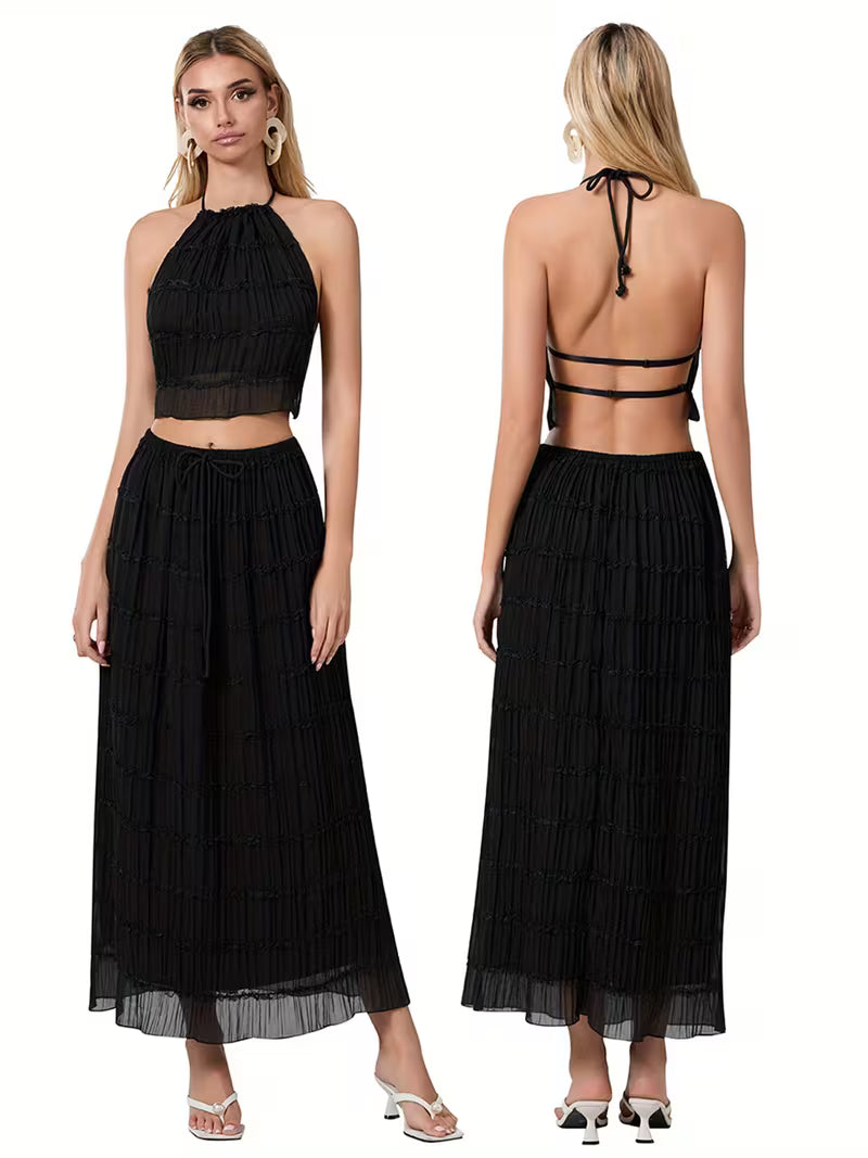 Women'S Two Piece Summer Outfits Sleeveless Ruched Halter Cami Tops and Long Skirt Set Beachwear, Vacation Style, Solid Color, All-Season, Casual Attire|Vacation Outfit|Polyester Fabric