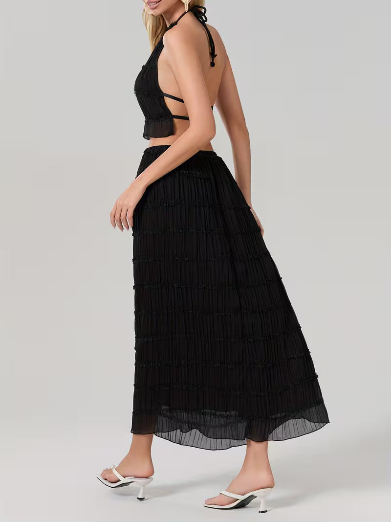 Women'S Two Piece Summer Outfits Sleeveless Ruched Halter Cami Tops and Long Skirt Set Beachwear, Vacation Style, Solid Color, All-Season, Casual Attire|Vacation Outfit|Polyester Fabric