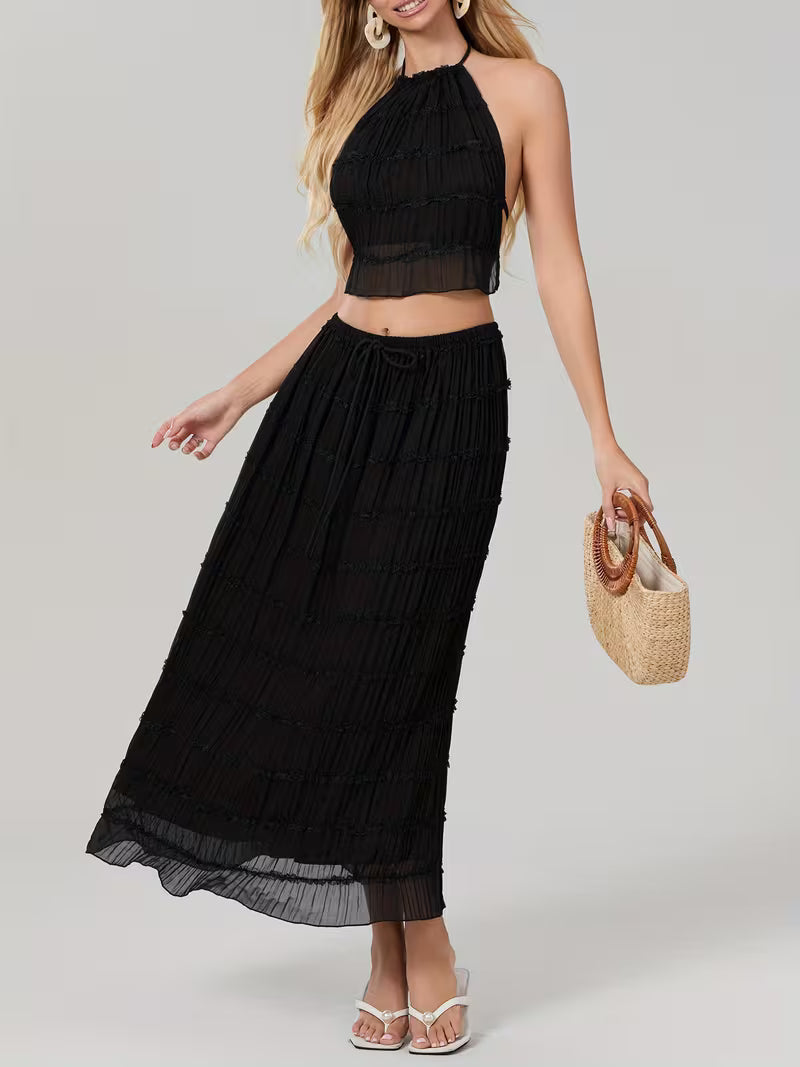 Women'S Two Piece Summer Outfits Sleeveless Ruched Halter Cami Tops and Long Skirt Set Beachwear, Vacation Style, Solid Color, All-Season, Casual Attire|Vacation Outfit|Polyester Fabric