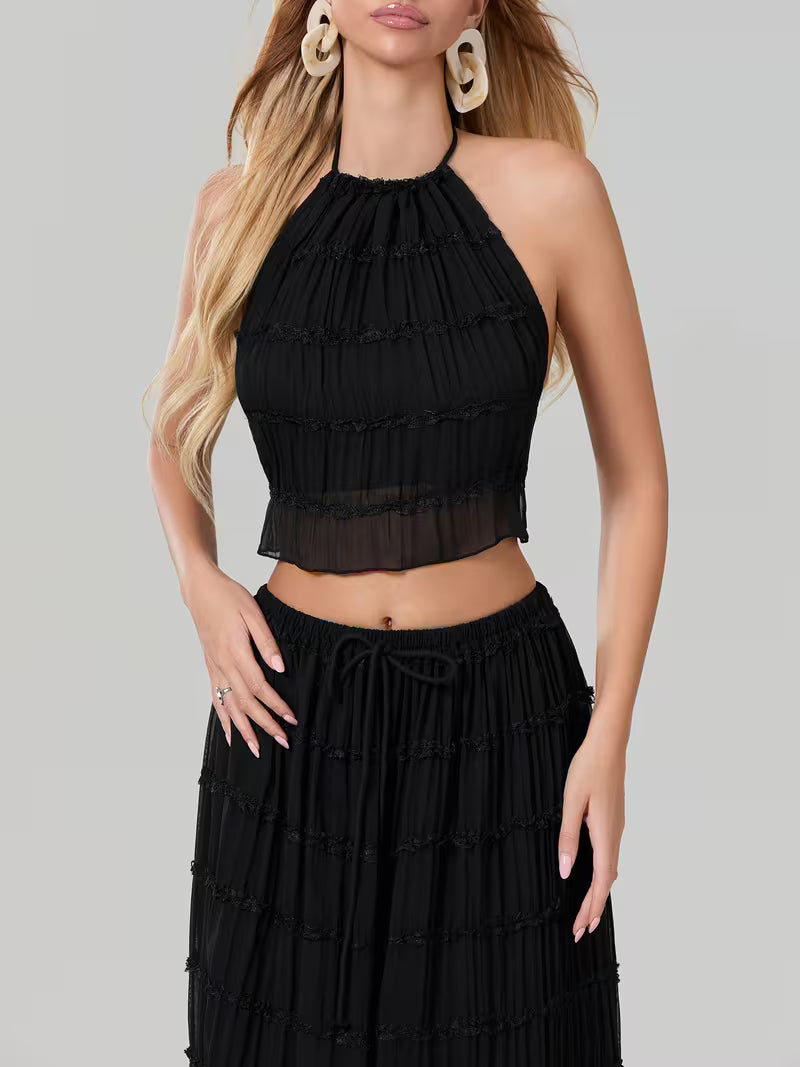 Women'S Two Piece Summer Outfits Sleeveless Ruched Halter Cami Tops and Long Skirt Set Beachwear, Vacation Style, Solid Color, All-Season, Casual Attire|Vacation Outfit|Polyester Fabric