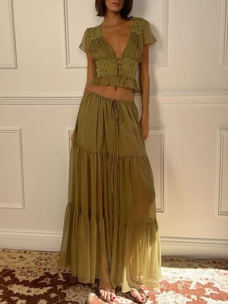New Lace Splicing Set • Avocado Green Chiffon Short Top And Half Length Skirt • Two-Piece Set