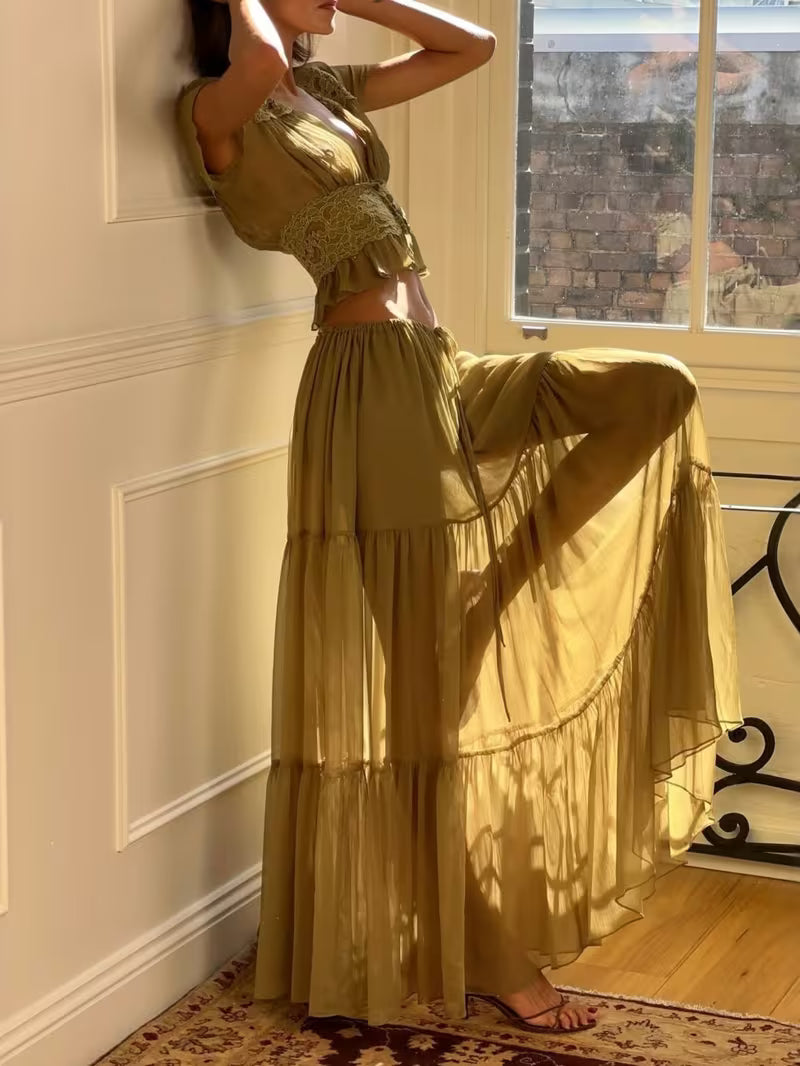 New Lace Splicing Set • Avocado Green Chiffon Short Top And Half Length Skirt • Two-Piece Set