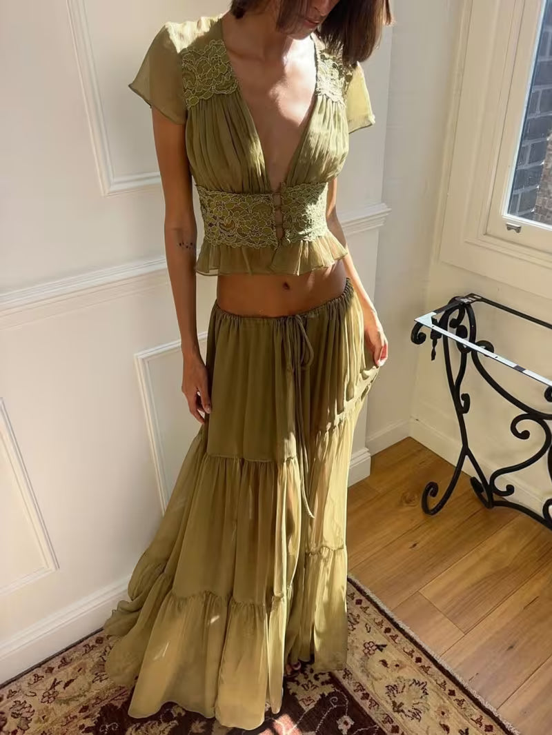 New Lace Splicing Set • Avocado Green Chiffon Short Top And Half Length Skirt • Two-Piece Set