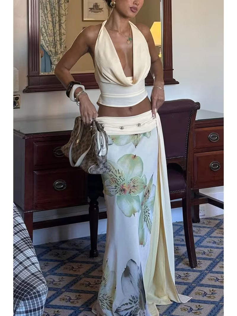2025 New Women'S Alluring Backless Halter Neck Top with a Slim Fit, Paired with a Printed Long Skirt in a Two-Piece Set
