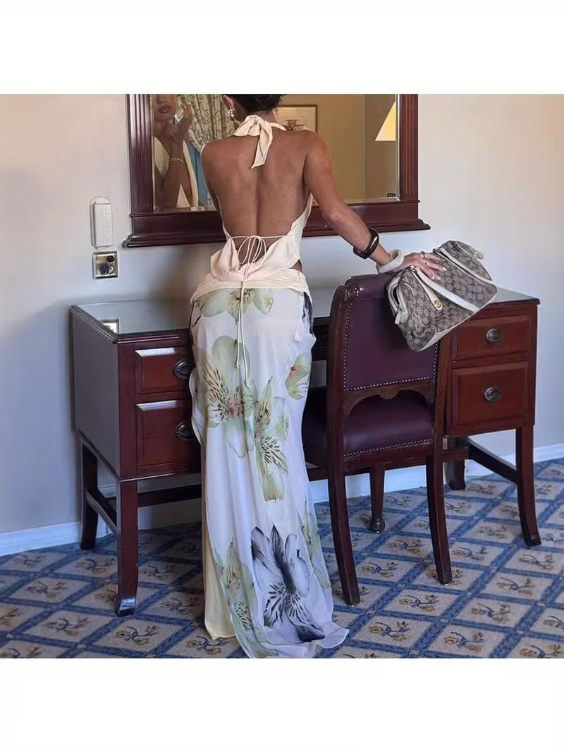 2025 New Women'S Alluring Backless Halter Neck Top with a Slim Fit, Paired with a Printed Long Skirt in a Two-Piece Set