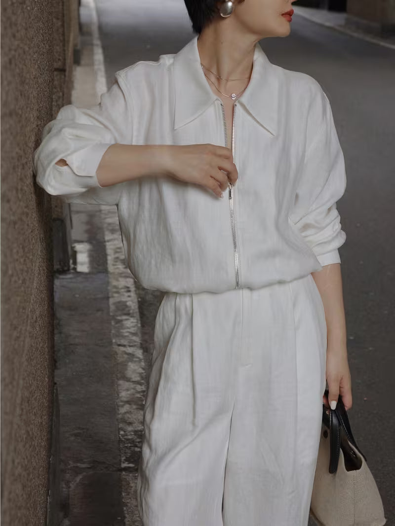 Women's 2pcs Elegant Set - Quarter Zip Long Sleeve Collared Shirt & High Waist Wide Leg Pants | Chic Utility Office Wear & Sophisticated Casual Commuter Outfit