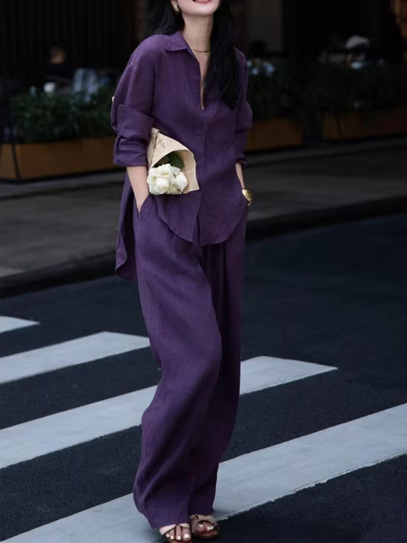 Women's Purple Linen Shirt and Wide Leg Pants Set, Relaxed Casual 2pcs Summer Vacation Outfit