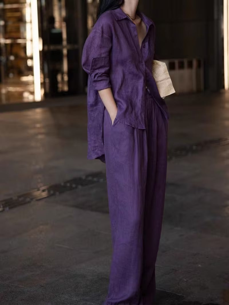 Women's Purple Linen Shirt and Wide Leg Pants Set, Relaxed Casual 2pcs Summer Vacation Outfit