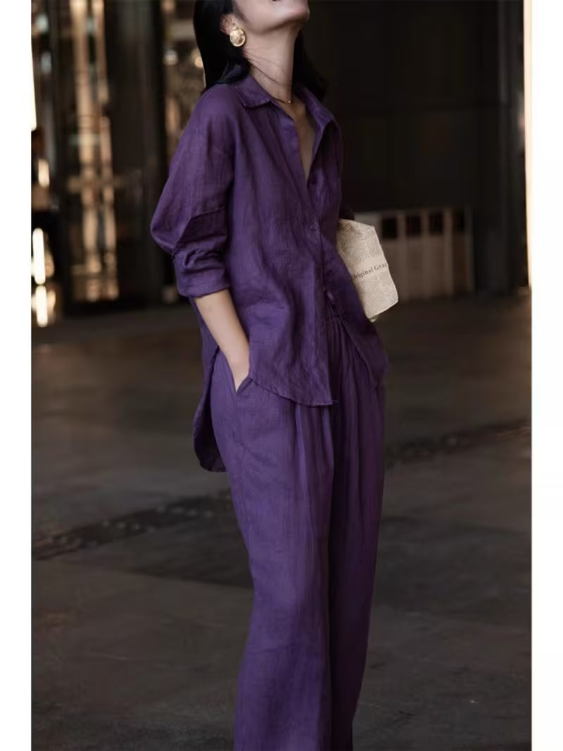 Women's Purple Linen Shirt and Wide Leg Pants Set, Relaxed Casual 2pcs Summer Vacation Outfit