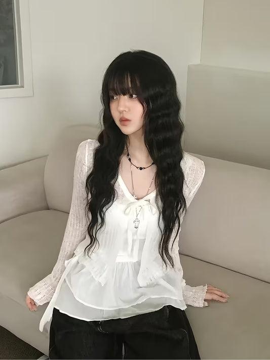 Korean Women's Early Spring 2026 Fashion New Arrival: Thin Long-Sleeve Sun-Protection Cardigan, Korean-Style Versatile and Elegant Tie-Strap Small Shawl Design, Air-Conditioning Cover-Up Top, Outerwear, Beach Vacation Cover-Up