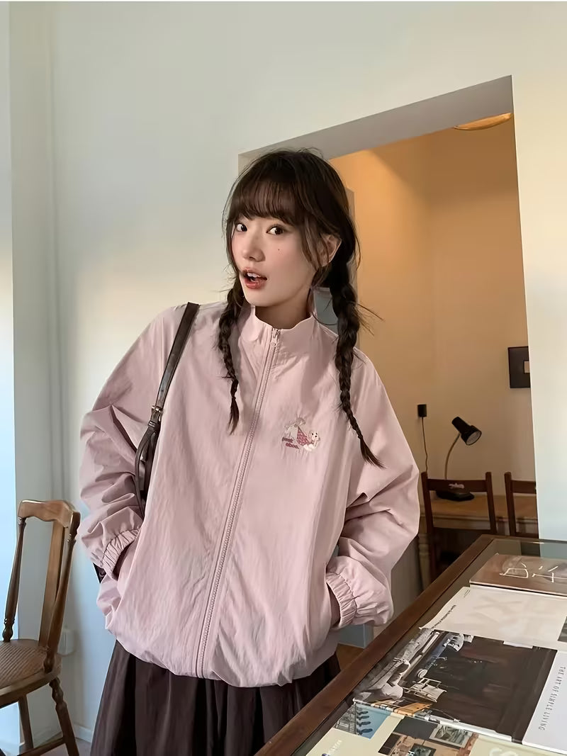 Women'S Jacket, Loose And Lightweight, Featuring a Easy And Cute Style with Dog Embroidery, a Small Stand Collar, Zipper, Pockets, And Elastic Design at The Hem And Cuffs