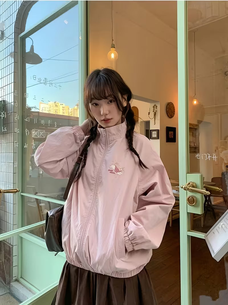 Women'S Jacket, Loose And Lightweight, Featuring a Easy And Cute Style with Dog Embroidery, a Small Stand Collar, Zipper, Pockets, And Elastic Design at The Hem And Cuffs