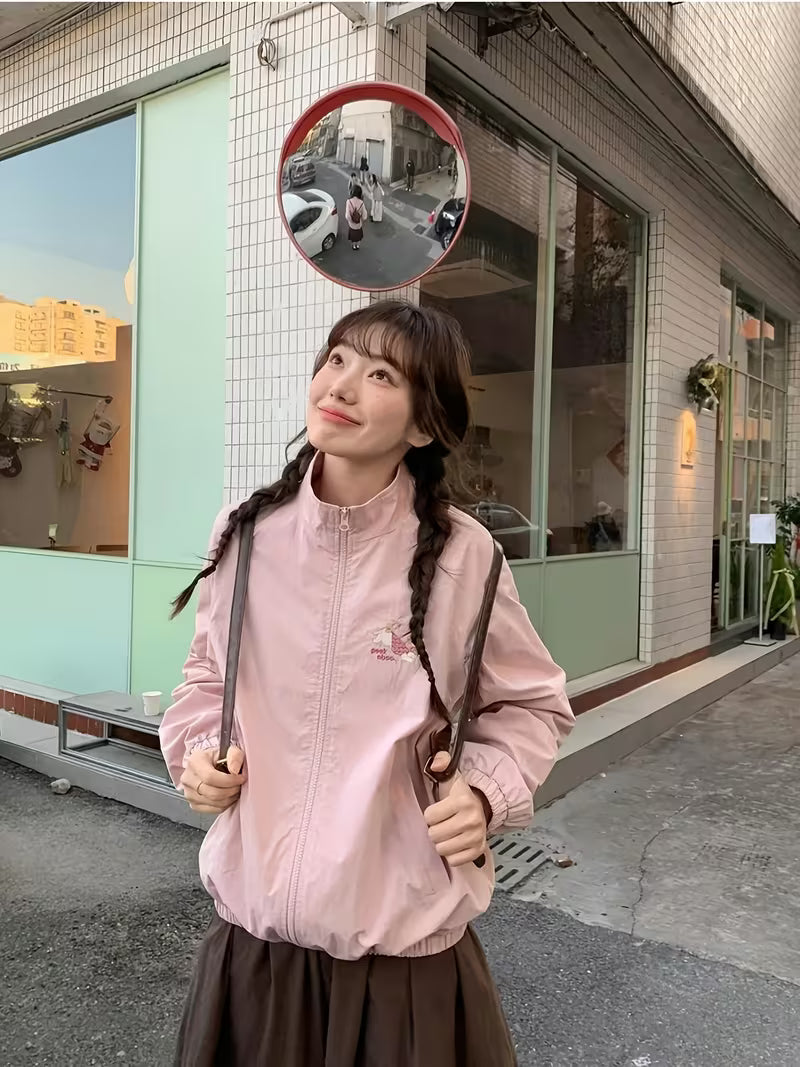 Women'S Jacket, Loose And Lightweight, Featuring a Easy And Cute Style with Dog Embroidery, a Small Stand Collar, Zipper, Pockets, And Elastic Design at The Hem And Cuffs