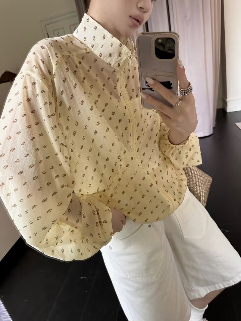 Summer Essential! Light Yellow Floral Print Stand Collar Outerwear, Comfortable and Versatile, Stand Collar Design, Drawstring Hem Design