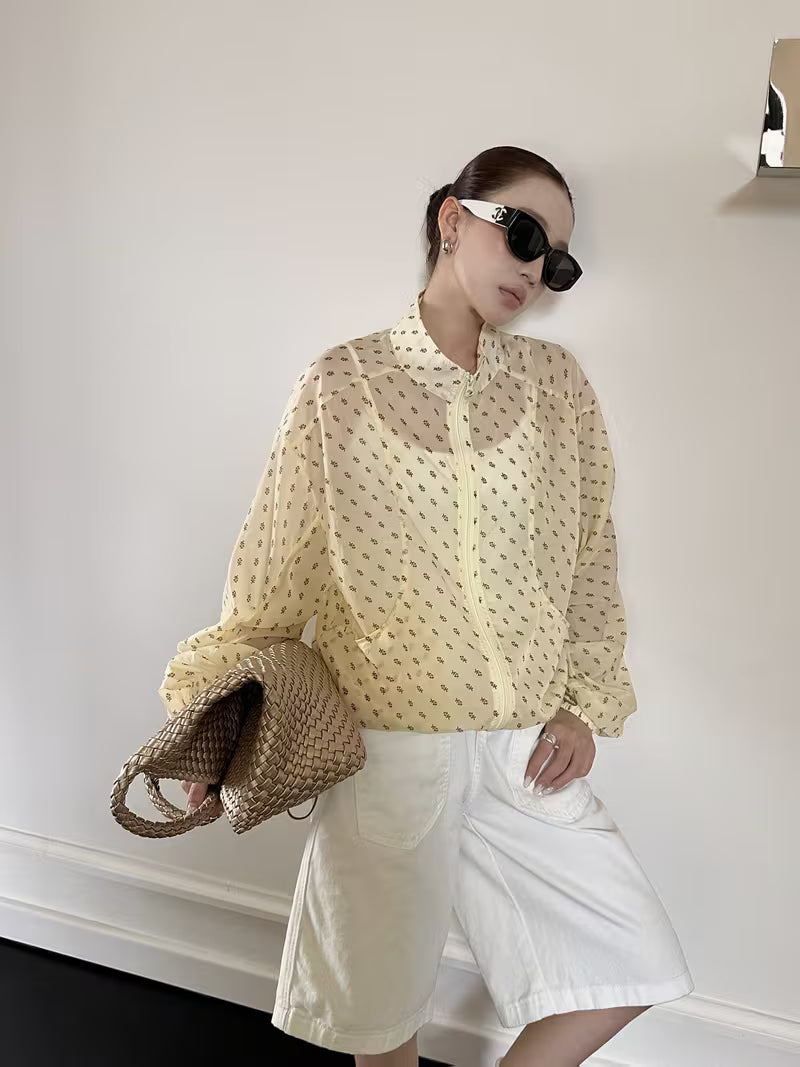 Summer Essential! Light Yellow Floral Print Stand Collar Outerwear, Comfortable and Versatile, Stand Collar Design, Drawstring Hem Design