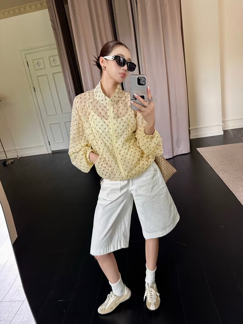 Summer Essential! Light Yellow Floral Print Stand Collar Outerwear, Comfortable and Versatile, Stand Collar Design, Drawstring Hem Design