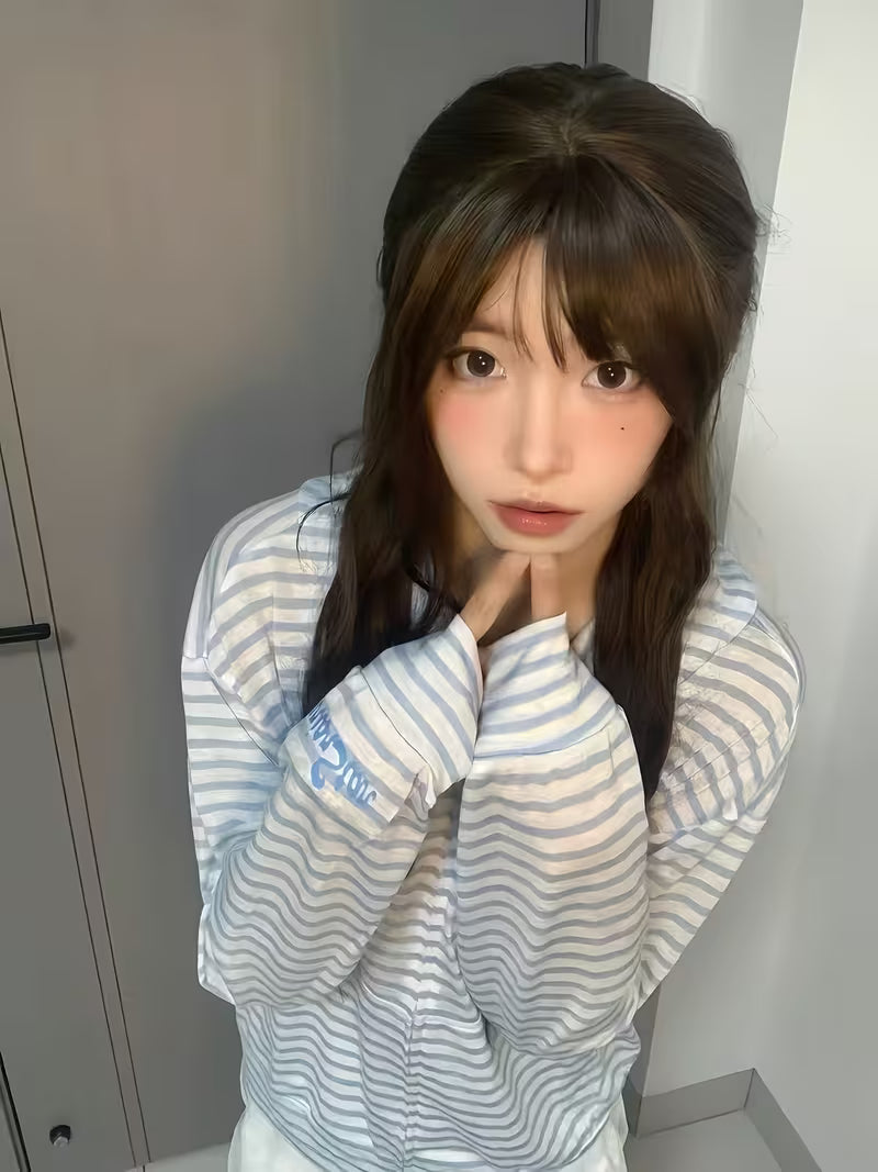 1pc Blue And White Striped Half-zip Hoodie Sun-protection Long Sleeve Jacket, Light Blue Thin Stripe with Bow Embroidery, Loose Lightweight Cardigan, Breathable And Sun-shielding, Casual And Versatile