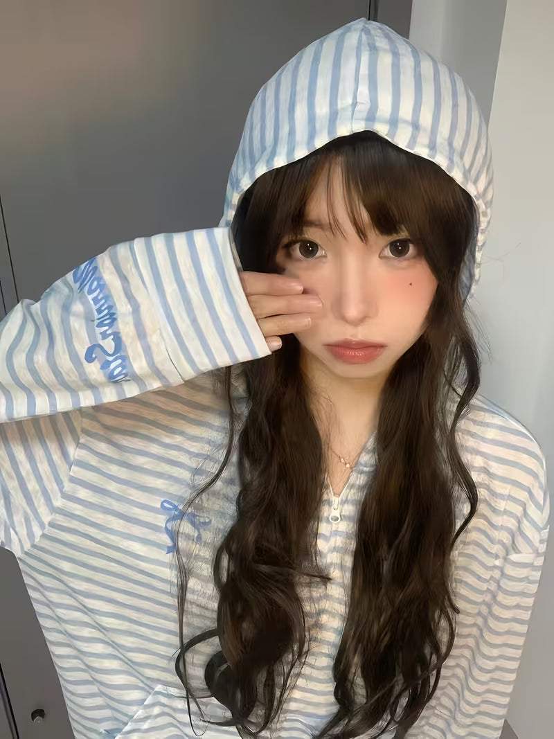 1pc Blue And White Striped Half-zip Hoodie Sun-protection Long Sleeve Jacket, Light Blue Thin Stripe with Bow Embroidery, Loose Lightweight Cardigan, Breathable And Sun-shielding, Casual And Versatile