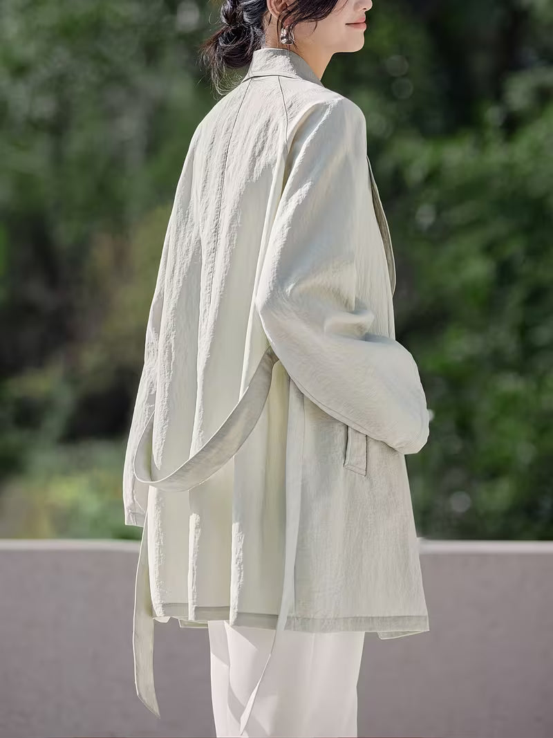 1pc Women'S Spring/Summer New Style Trench Coat Elegant And Intellectual Mint Spring Airy Feeling Ultra-Thin Stand-Up Collar Sun-Proof Coat Relaxed Style Single-Piece Long Trench Coat Women'S Spring/Summer Clothing