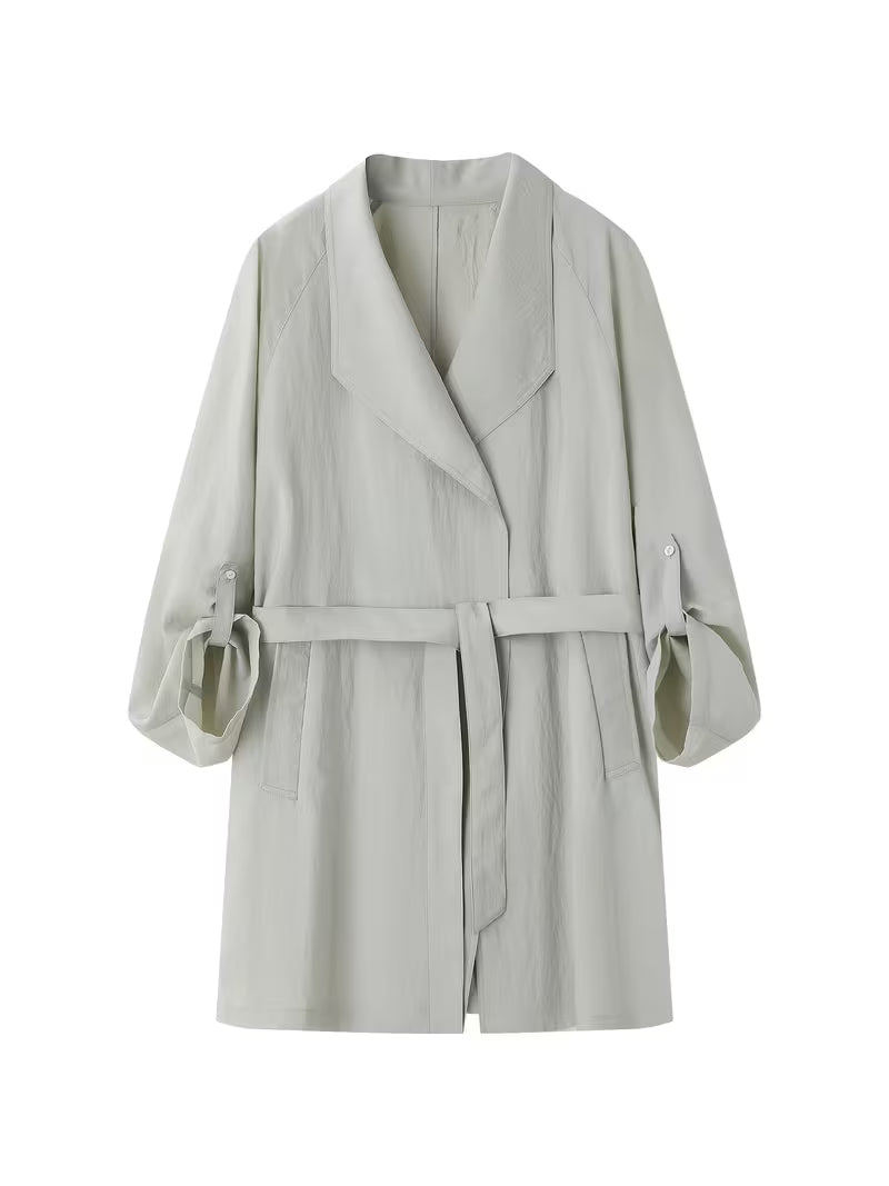 1pc Women'S Spring/Summer New Style Trench Coat Elegant And Intellectual Mint Spring Airy Feeling Ultra-Thin Stand-Up Collar Sun-Proof Coat Relaxed Style Single-Piece Long Trench Coat Women'S Spring/Summer Clothing