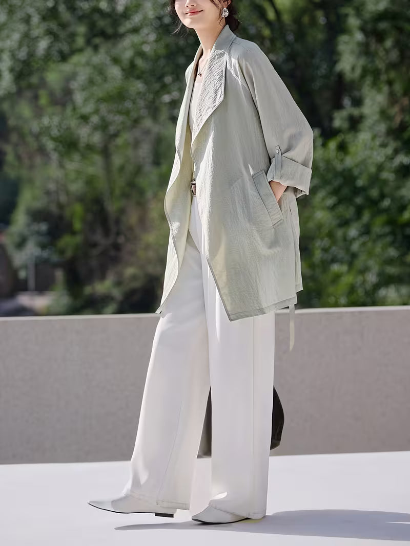 1pc Women'S Spring/Summer New Style Trench Coat Elegant And Intellectual Mint Spring Airy Feeling Ultra-Thin Stand-Up Collar Sun-Proof Coat Relaxed Style Single-Piece Long Trench Coat Women'S Spring/Summer Clothing