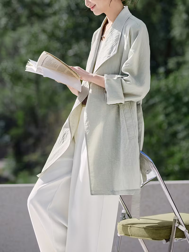 1pc Women'S Spring/Summer New Style Trench Coat Elegant And Intellectual Mint Spring Airy Feeling Ultra-Thin Stand-Up Collar Sun-Proof Coat Relaxed Style Single-Piece Long Trench Coat Women'S Spring/Summer Clothing