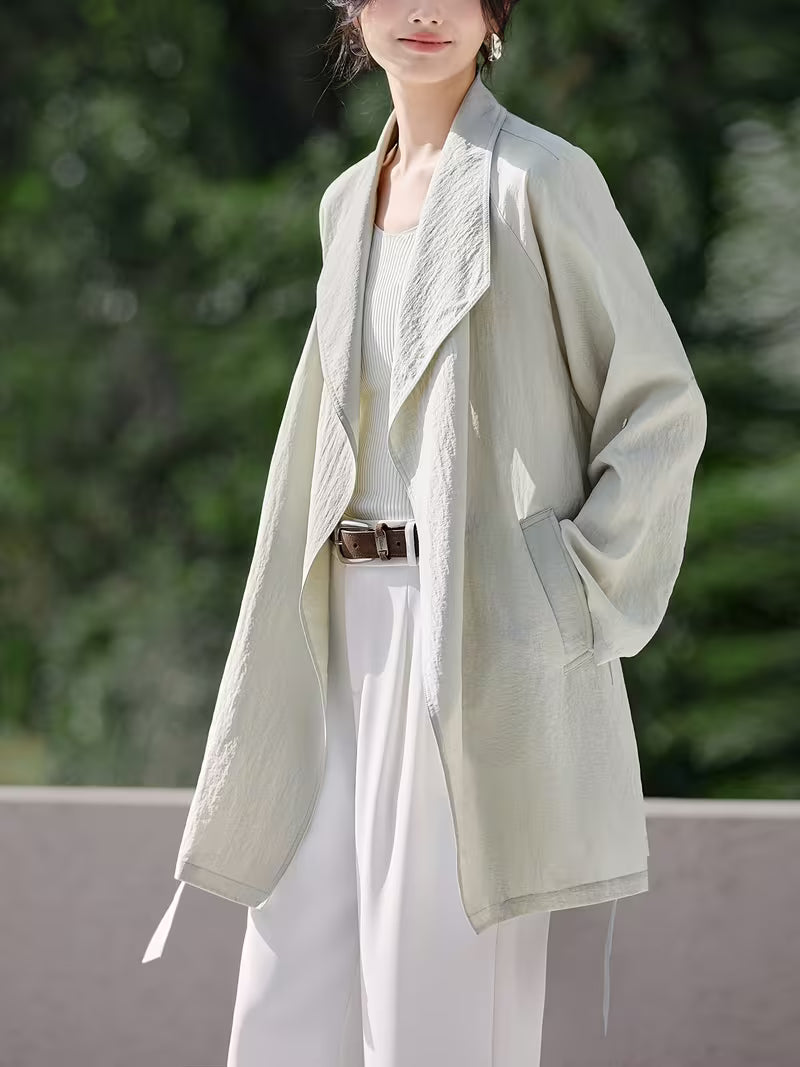 1pc Women'S Spring/Summer New Style Trench Coat Elegant And Intellectual Mint Spring Airy Feeling Ultra-Thin Stand-Up Collar Sun-Proof Coat Relaxed Style Single-Piece Long Trench Coat Women'S Spring/Summer Clothing
