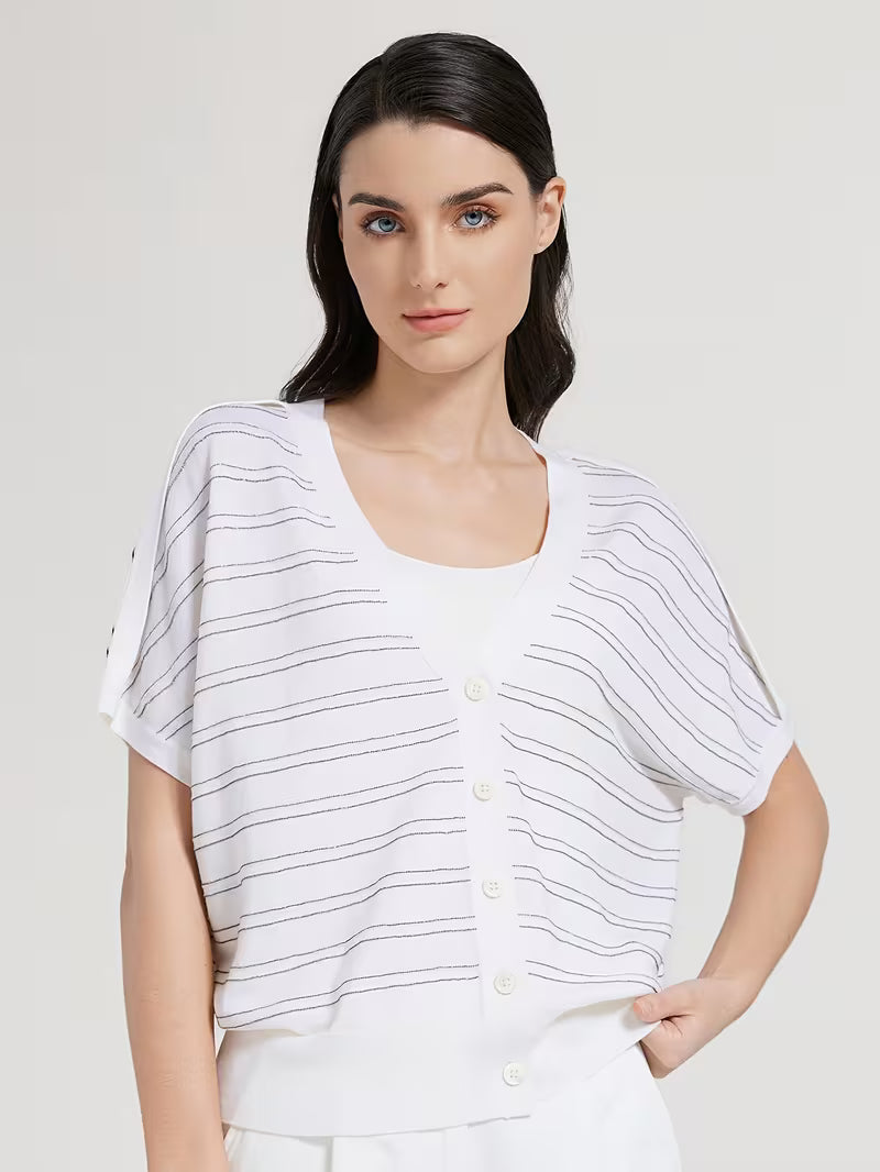 Elegant Women's Spring Summer Wool Short Sleeve Cardigan V-Neck Batwing Sleeve Striped Pattern Button Front Detail Premium Soft Breathable Fabric Versatile Top for Layering & Summer Casual Looks