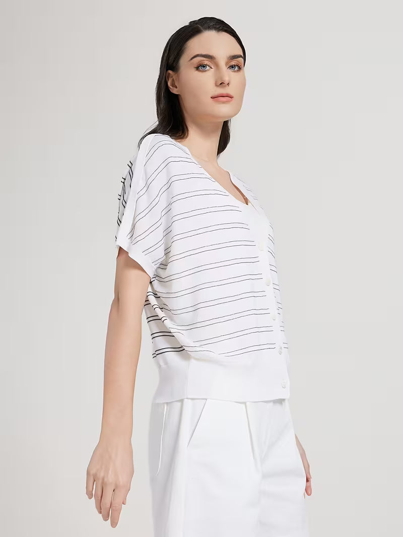 Elegant Women's Spring Summer Wool Short Sleeve Cardigan V-Neck Batwing Sleeve Striped Pattern Button Front Detail Premium Soft Breathable Fabric Versatile Top for Layering & Summer Casual Looks