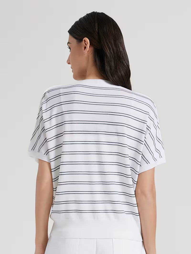 Elegant Women's Spring Summer Wool Short Sleeve Cardigan V-Neck Batwing Sleeve Striped Pattern Button Front Detail Premium Soft Breathable Fabric Versatile Top for Layering & Summer Casual Looks