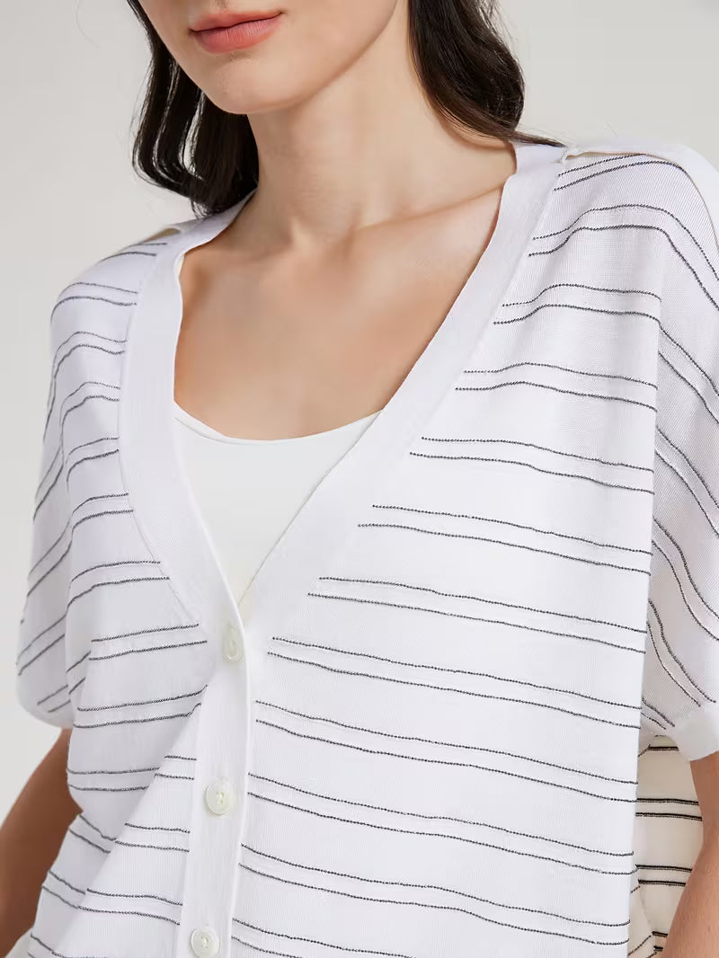 Elegant Women's Spring Summer Wool Short Sleeve Cardigan V-Neck Batwing Sleeve Striped Pattern Button Front Detail Premium Soft Breathable Fabric Versatile Top for Layering & Summer Casual Looks