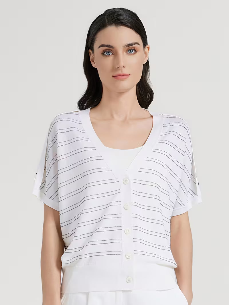 Elegant Women's Spring Summer Wool Short Sleeve Cardigan V-Neck Batwing Sleeve Striped Pattern Button Front Detail Premium Soft Breathable Fabric Versatile Top for Layering & Summer Casual Looks