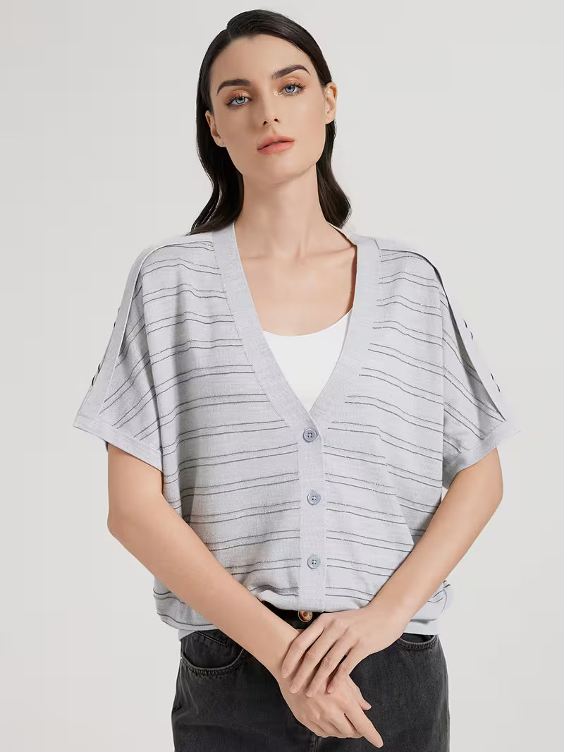 Elegant Women's Spring Summer Wool Short Sleeve Cardigan V-Neck Batwing Sleeve Striped Pattern Button Front Detail Premium Soft Breathable Fabric Versatile Top for Layering & Summer Casual Looks